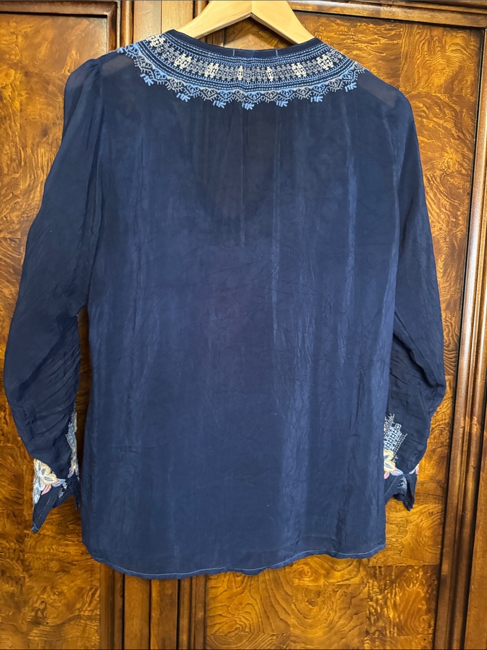 Johnny Was Navy Embroidered V-Neck Peasant Blouse - Picture 5 of 9